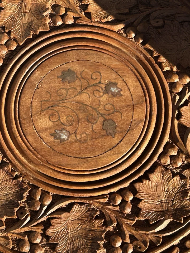 Vintage MCM Artisan Carved Octagonal Folding Wood Table India 15. 5 X 14 Indoor - Image 3 of 4