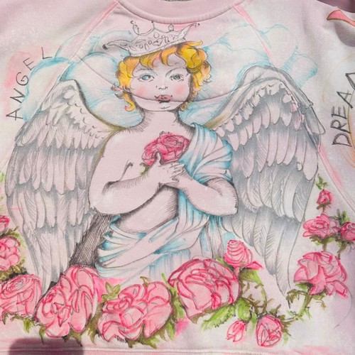 Pink Distressed Sweatshirt Custom Made Reworked boho angel painted mermaid Art