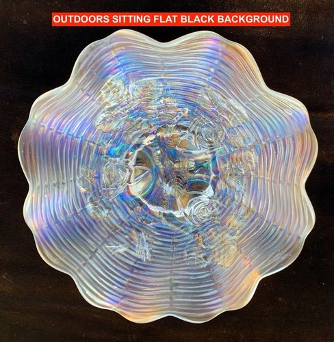 NORTHWOOD WHITE “ROSE SHOW” 8-RUFFLE CARNIVAL GLASS BOWL - AVERAGE