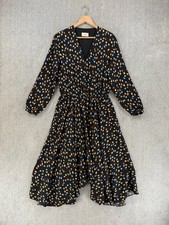 Hush Dress Womens Size UK 12 Black Blue Orange Floral Midi  Stretch Fit & Flare