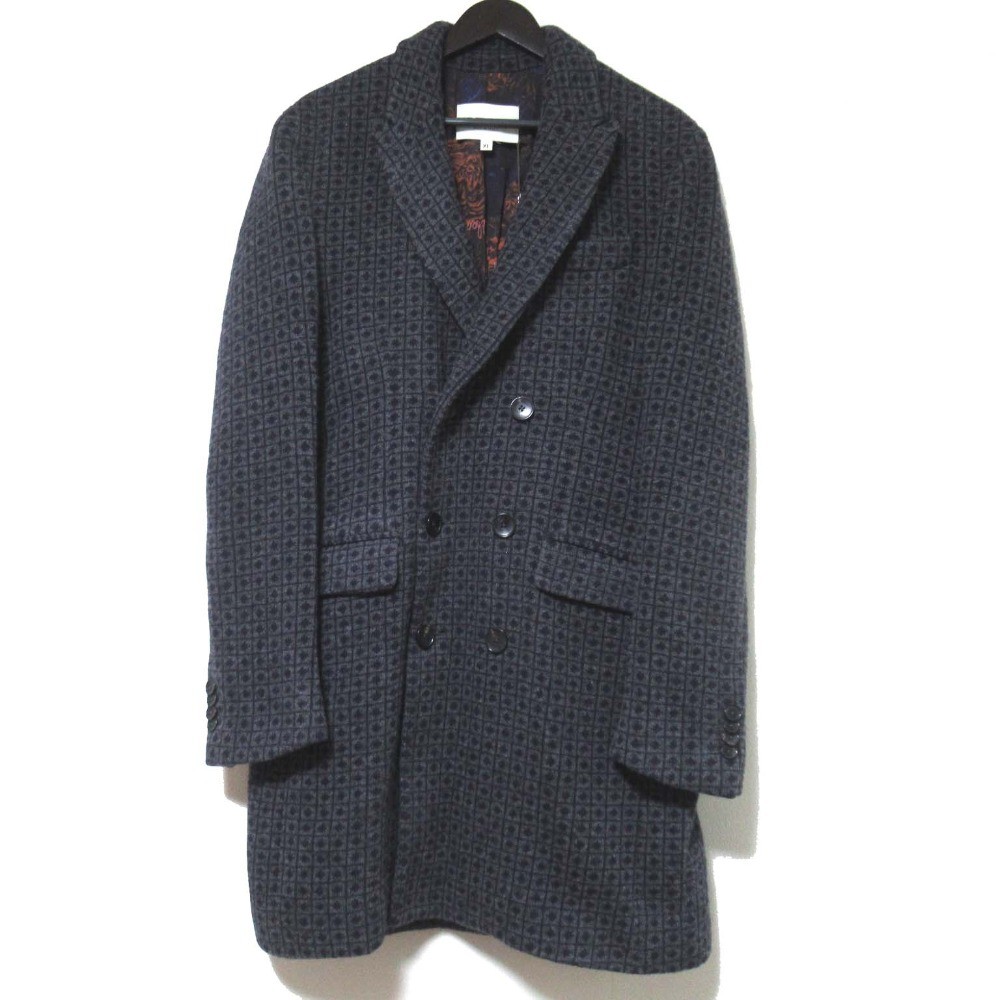 ETRO Double-Breasted Knit Chester Coat, Size XL, Gray and Navy mens USED
