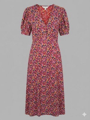 M&S x Ghost Floral Midi Dress Size 6 Red Multi Button Front Boho Cottagecore