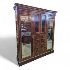 Large Victorian Triple Wardrobe Inlaid Mahogany Combination Mirror Drawers