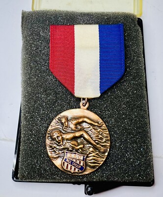 Vintage 1970 Bronze Medal Senior Age Group - Swimming; Red White & Blue Ribbon
