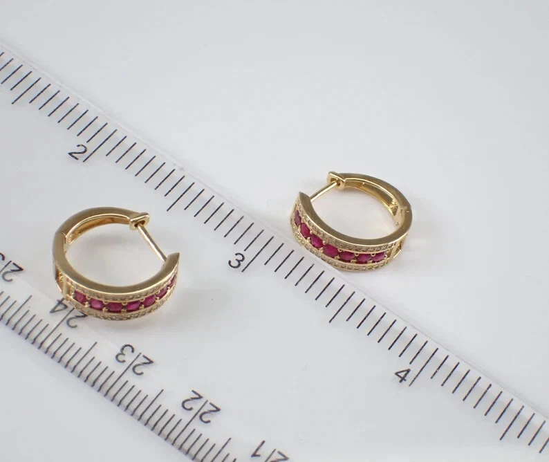 1Ct Round Cut Natural Red Ruby Women Huggie Hoop Earrings 14K Yellow Gold Plated - Image 4 of 4