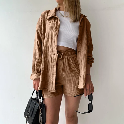 Sommer Damen Musselin Bluse Shirt und Shorts Kleidung Set Strand Outfit Zweiteiler - Bild 17 von 45