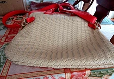 Deux Lux Coral and Tan  Woven Woman's Hand Bag (soft feel) outstanding lining