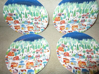 NEW Stechcol Gracie CHINA 4 Salad/Dessert Plates Winter Village Trees Houses