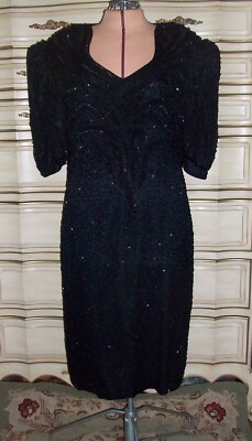 Vintage 80s Mark & John by SAM Black Beaded Silk Cocktail Dress Keyhole Back S