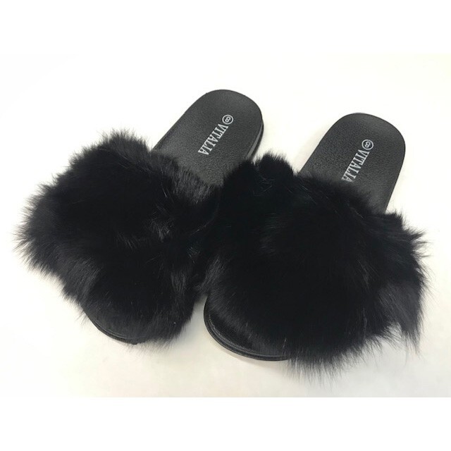 Women's Fluffy Fur Open Toe Slides Comfy Furry Slippers Sandal Black