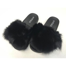 Women's Fluffy Fur Open Toe Slides Comfy Furry Slippers Sandal Black 9