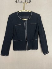 Women's Tweed Blazer Navy White Trimmings Hooks Long Sleeve Missing Tags