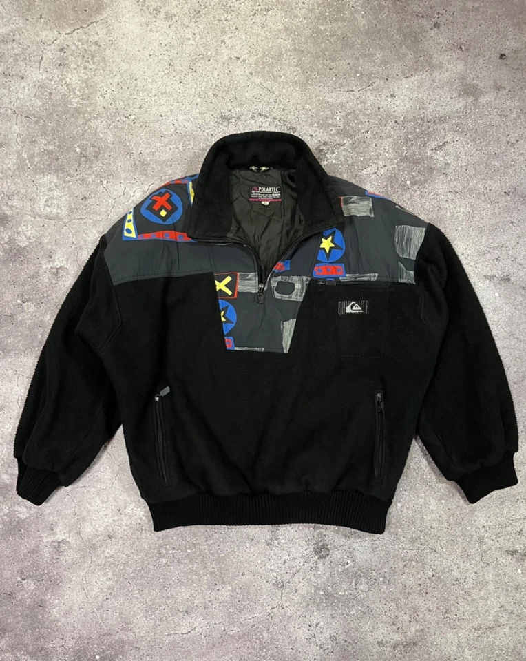 VINTAGE 90s Quiksilver 1/3 Zip Fleece Jacket Graphic Print Size XL Mens Polartec - Image 2 of 4