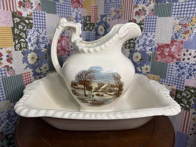 VTG Curries & Ives  The Farmers Home & Homestead In Winter  Pitcher & Basin Set