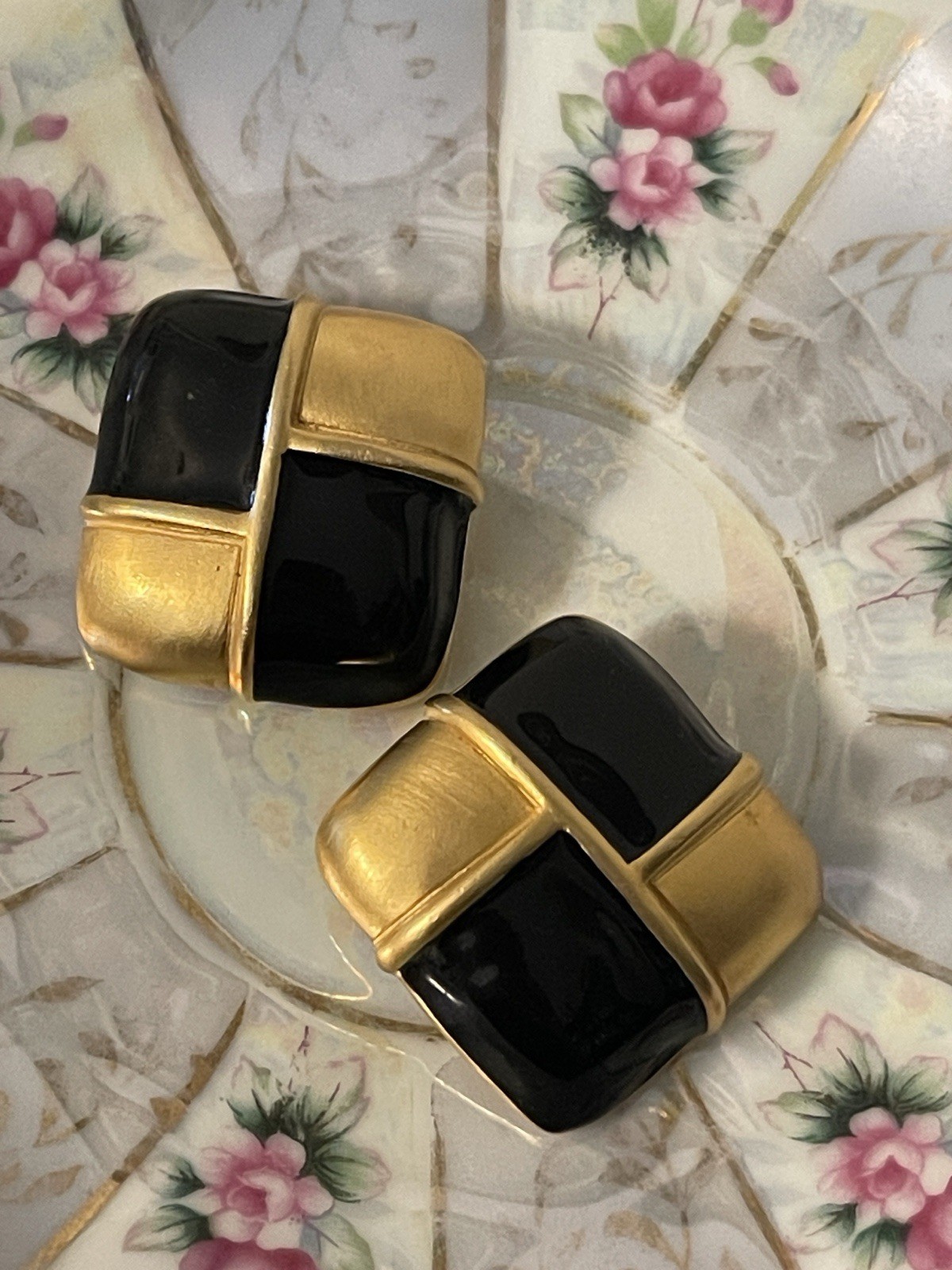 Vintage Givenchy Black and Gold Geometric Checkered Runway Clip On Earrings