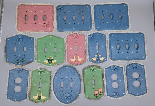 Vintage 1980s Country Goose Switch Plate Covers Lot 13pc w/ Screws Blue Pink Gre
