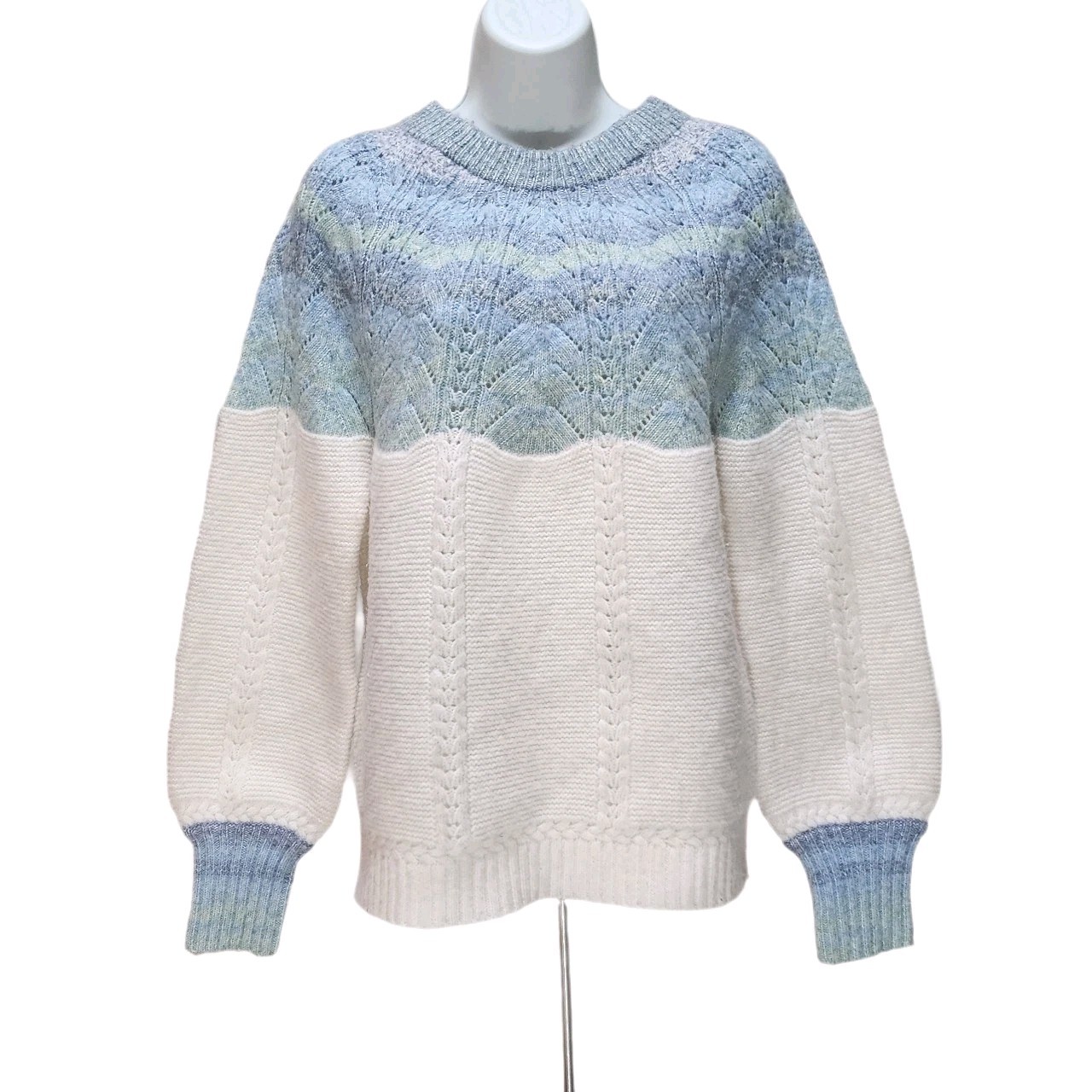 Democracy Sweater Wool Blend Pointelle Stitch Blouson Sleeve Blue Multi M