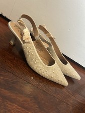 a new day Pearl Embellished Beige Slingback Pointed-Toe Bridal Heels with Bow
