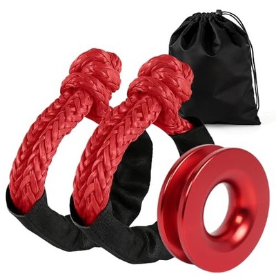BARTOO Winch Snatch 66000 LB Recovery Ring with 2 PCS Soft Shackle 1/2'' Red Set