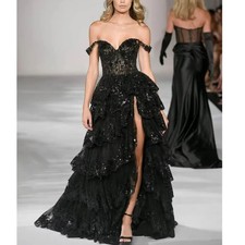 Lace Tiered Long Evening Dress with Slit Sweetheart A-Line Formal Party Gowns