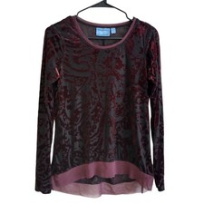 Whimsigoth Sheer Burgundy Velvet Burnout Long Sleeve Top Women’s S Fairy Grunge