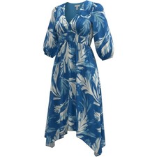 Cupio Blue White Palm Print Midi Dress Large Asymmetrical Hem V-Neck 3/4 Sleeve