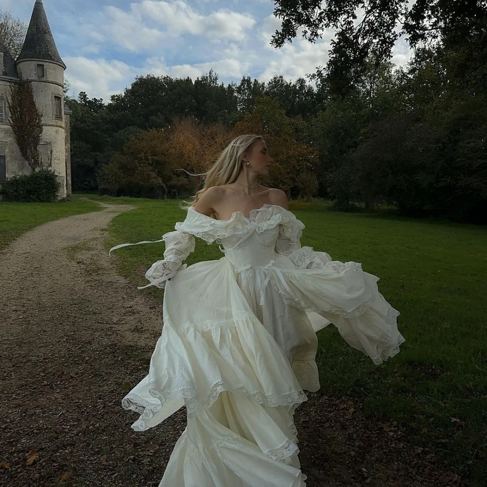 White One Shoulder Long Sleeves Prom Dresses Organza Floor-Length A-line