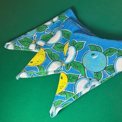 3er Set Vintage Stoffservietten - 39 cm - blau & gelb Obstdruck - Retro Tisch
