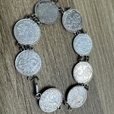 Antique British 3 Pence Sterling Silver 8 Coin Bracelet 1906 - 1921 King George