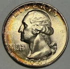 1947-S Washington Quarter, Gem BU, Rainbow Album Toned! Silver