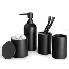 Bathroom Accessory Set 4 Pcs Matte Black Toothbrush Holder Soap Dispenser Tum...