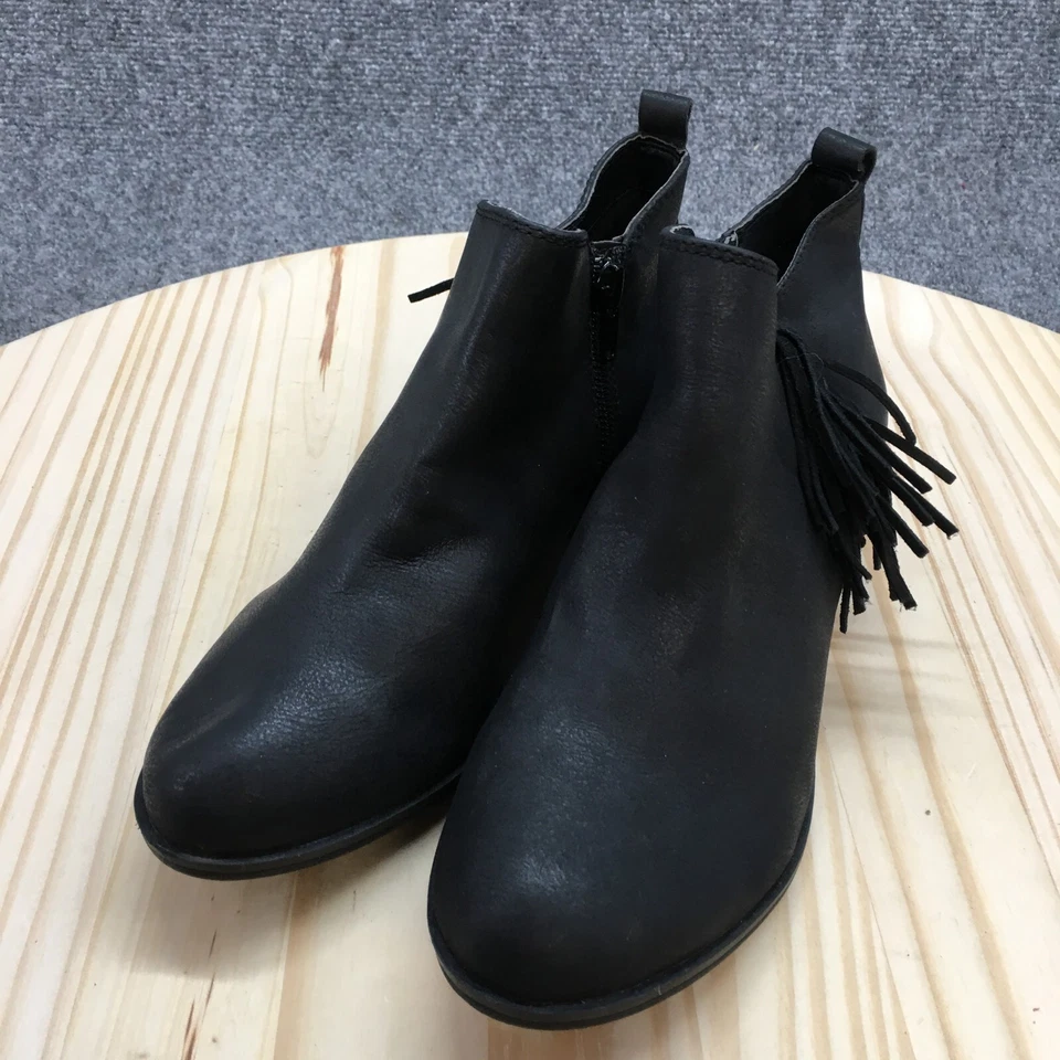 Botas de trapo americanas para mujer botín de 5 tobillos de cuero negro con flecos tacones en bloque informales Foto 3 de 4