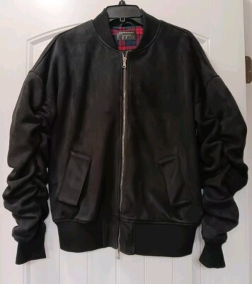 Represent Bomber Jacket Black Med Made In England Ruched Sleeves Faux Suede 