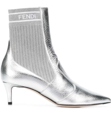 Fendi Rockoko Silver Scuba Stretch FF Logo Knit Sock Ankle Kitten