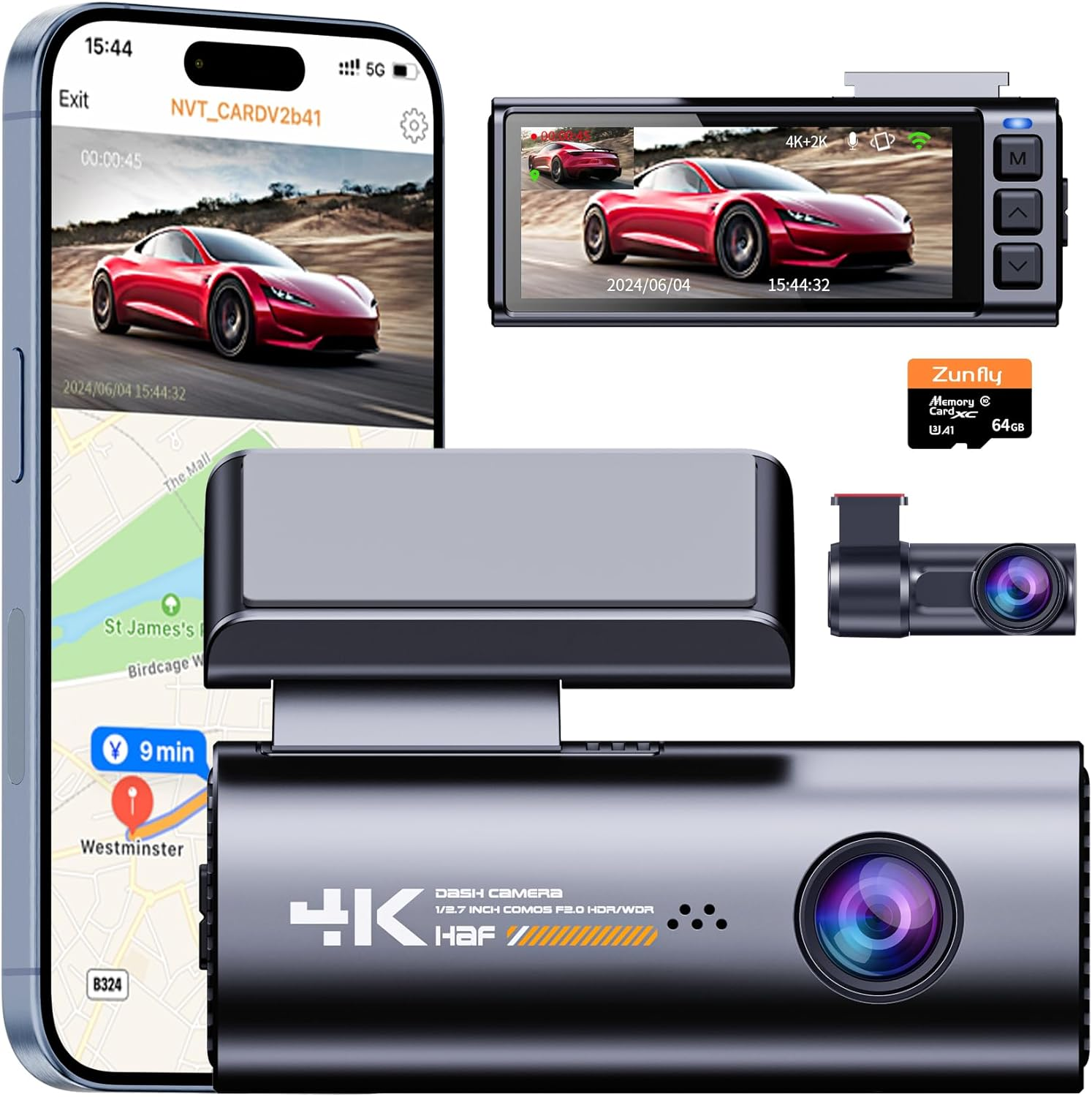 Dash Cam Front and Rear, 4K Front + Rear 2K Ultra Clear Resolution, Dual Dash Ca