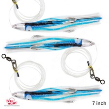 3pcs Fish WOW! 7" Fishing Bullet Jet Chrome Head Rig  Trolling Lure Blue White