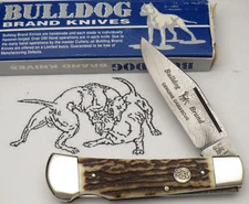 1997 BULLDOG BRAND Solingen Single Dog Stamp Lockback Knife Nice Stag - DAMASCUS