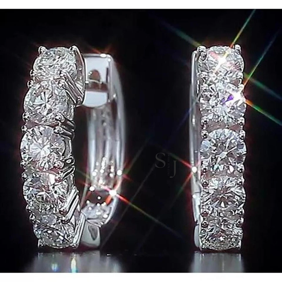 Moissanite 2.50 Carat Round Cut VVS1 Huggie Hoop Earrings Solid 14K White Gold - Image 3 of 4