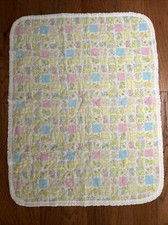 Vtg Teddy Beddy Bear Quilt, Comforter, Baby Blanket, Rainbows Hearts Pastel