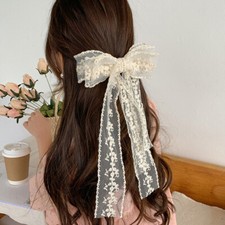 Long Ribbon Hairpin Lace Embroidery Bow Hair Clip Three-layer Mesh Barrettes NEW