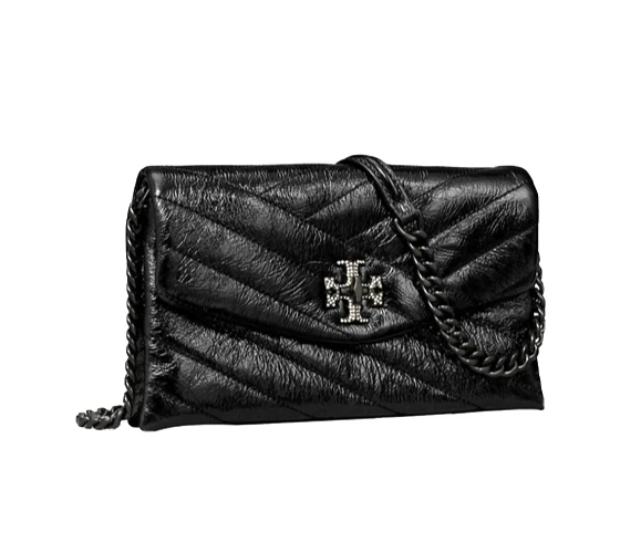 AUTENTICO nuovo con etichette $448 Tory Burch Kira Chevron logo in pelle metallica catena su portafoglio BLK