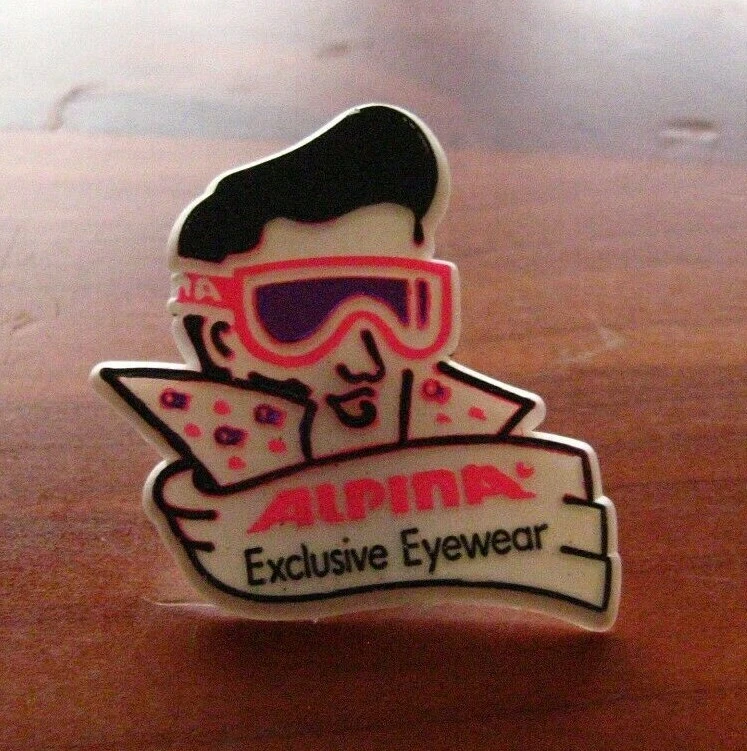 Alpina Exclusive Eyewear Lapel Pin   Vintage 1980's Wham Miami Vice Glasses Pin
