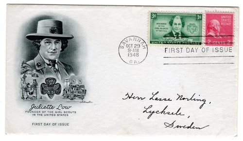 #974 Juliette Low Girl Scouts 1948 FDC - Artmaster to Sweden