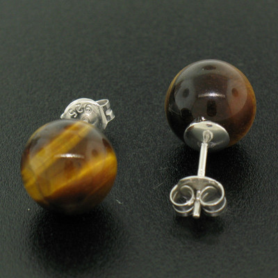 NEW Sterling Silver 10mm Tiger's Eye Ball Stud Earrings Classic Simple Elegant