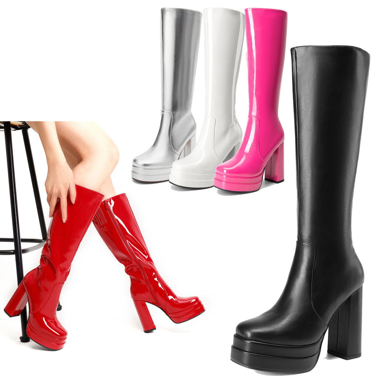 Women Gogo Boots Platform Chunky Block Heel Side Zipper Knee Women Gogo Boots Platform Chunky Block Heel Side Zipper Knee