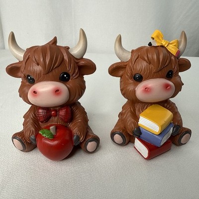 2 PC Reading Highland Brown Cow Figurine Decor For Teacher New & Sealed