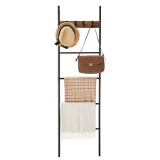 Blanket Ladder, 5-Tier Ladder Shelf, Decorative Ladder with 4 Removable Hooks...