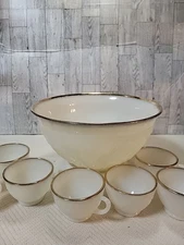 Vth Anchor Hocking Ivory Milk Glass Punch Bowl Set w 7 Cups 22k Gold Rim