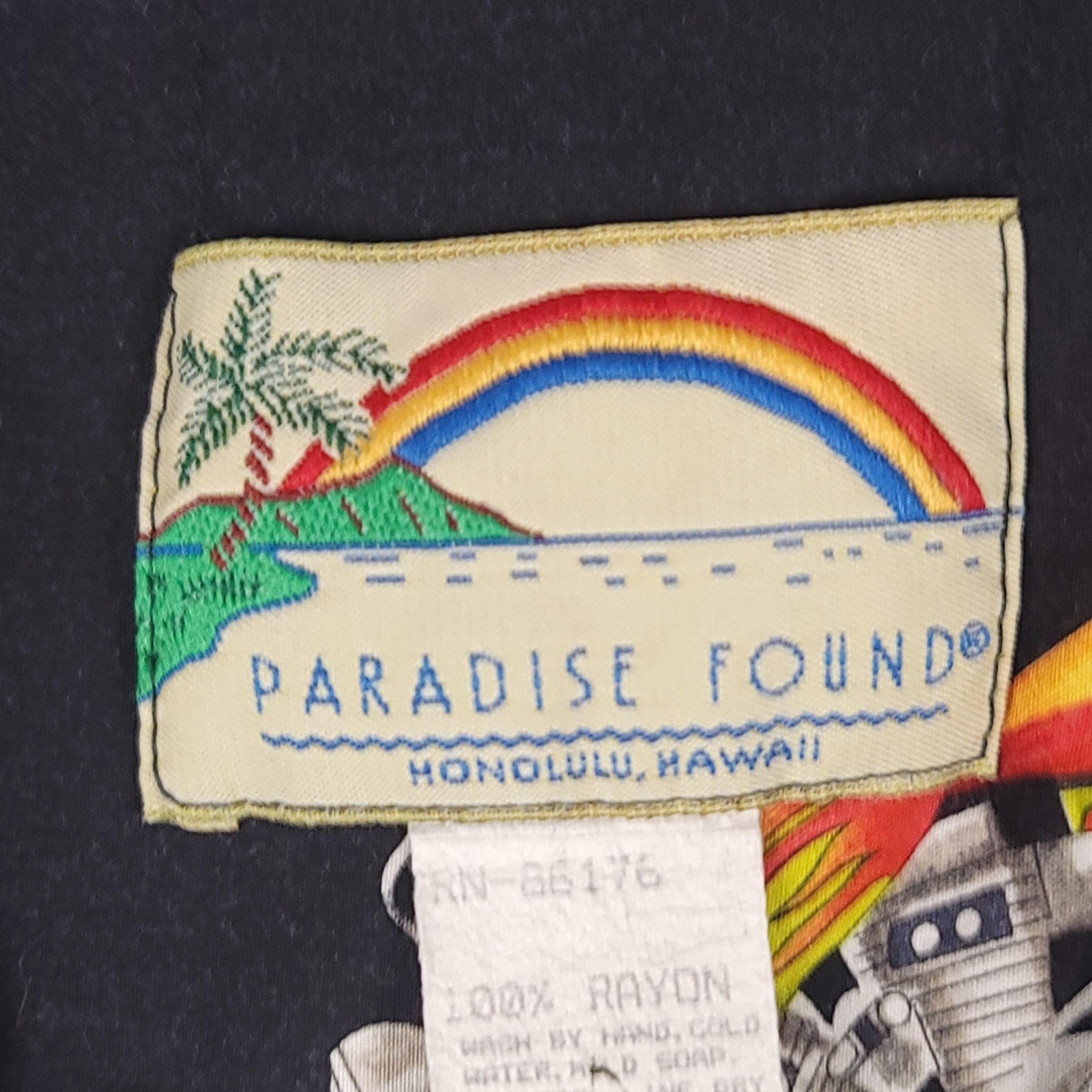 Paradise Found Shirt Mens Large Black Motorcycle Hawaiian Rayon Button Up Hawaii