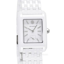 Tory Burch Eleanor Womens White Ceramic Watch, Rectangular Dial, Silver Accents